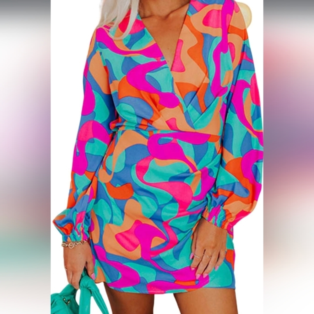 Multicolor Abstract Print Faux Wrap Long Sleeve Dress NWOT Size L